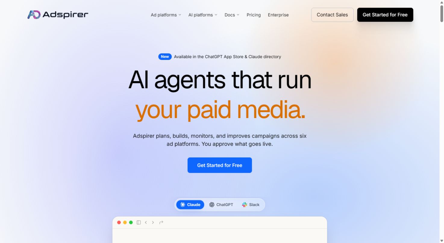 Adspirer 官方首頁展示 AI 代理與付費媒體活動