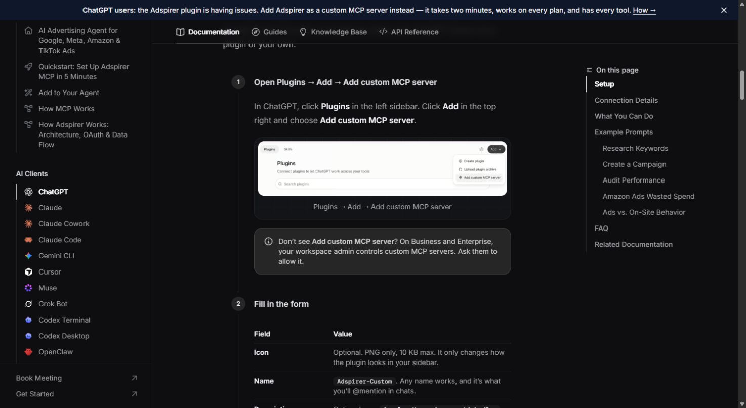 Adspirer 官方文件的 ChatGPT Plugins Add custom MCP server 步驟