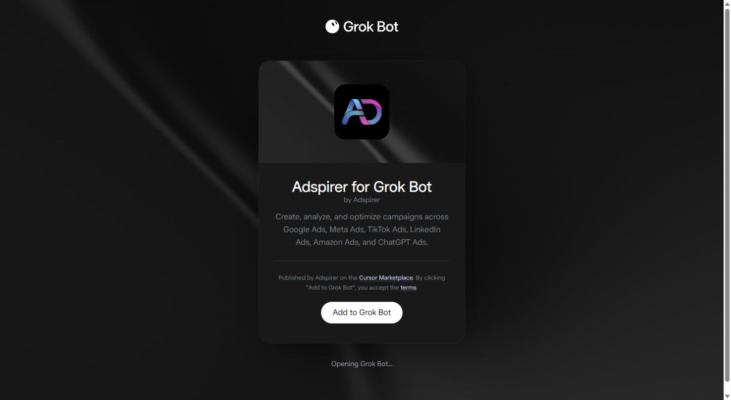 Grok Bot 的 Adspirer 公開列表頁及 Add to Grok Bot 按鈕