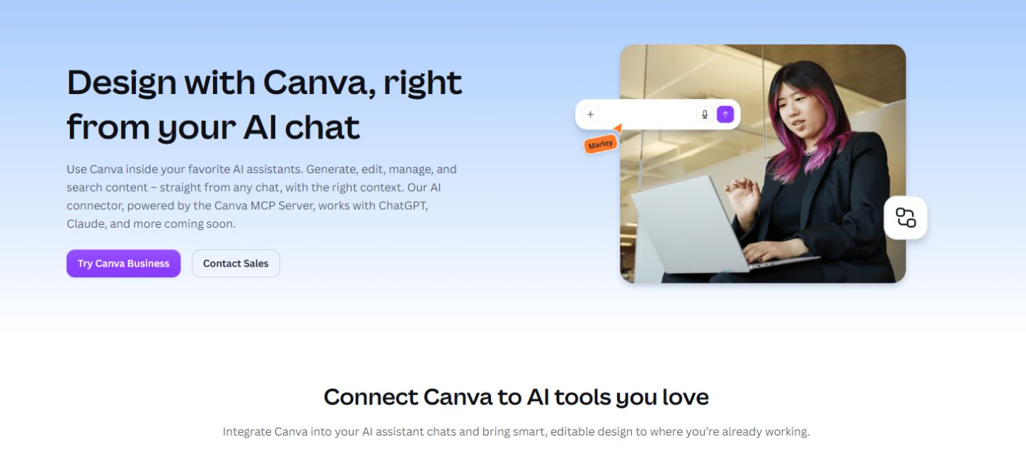 Canva AI Connector 官方網頁，說明可以從 AI 對話使用 Canva
